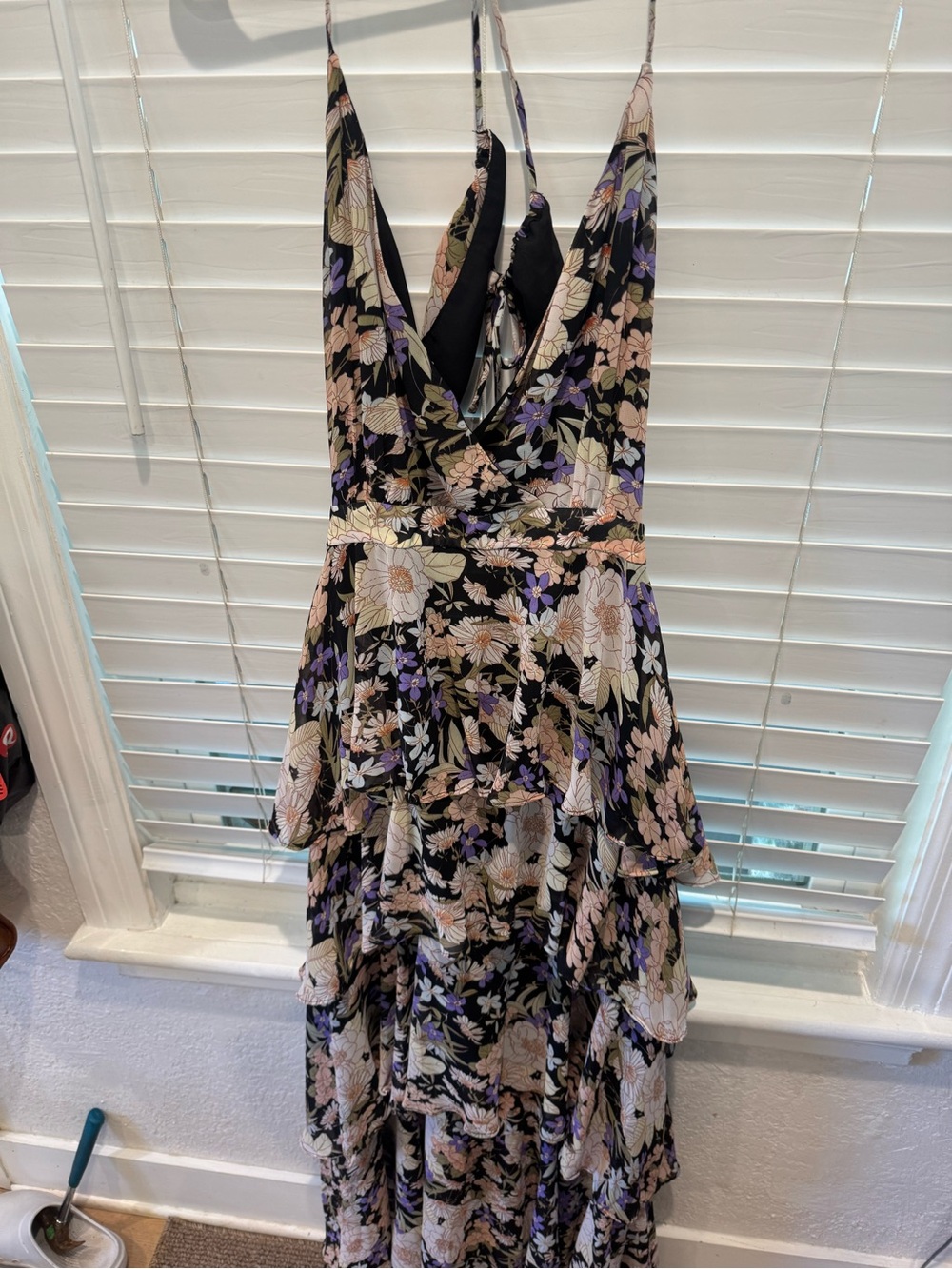Astr the label Floral Tiered V-Neck Maxi Dress in Black and Purple